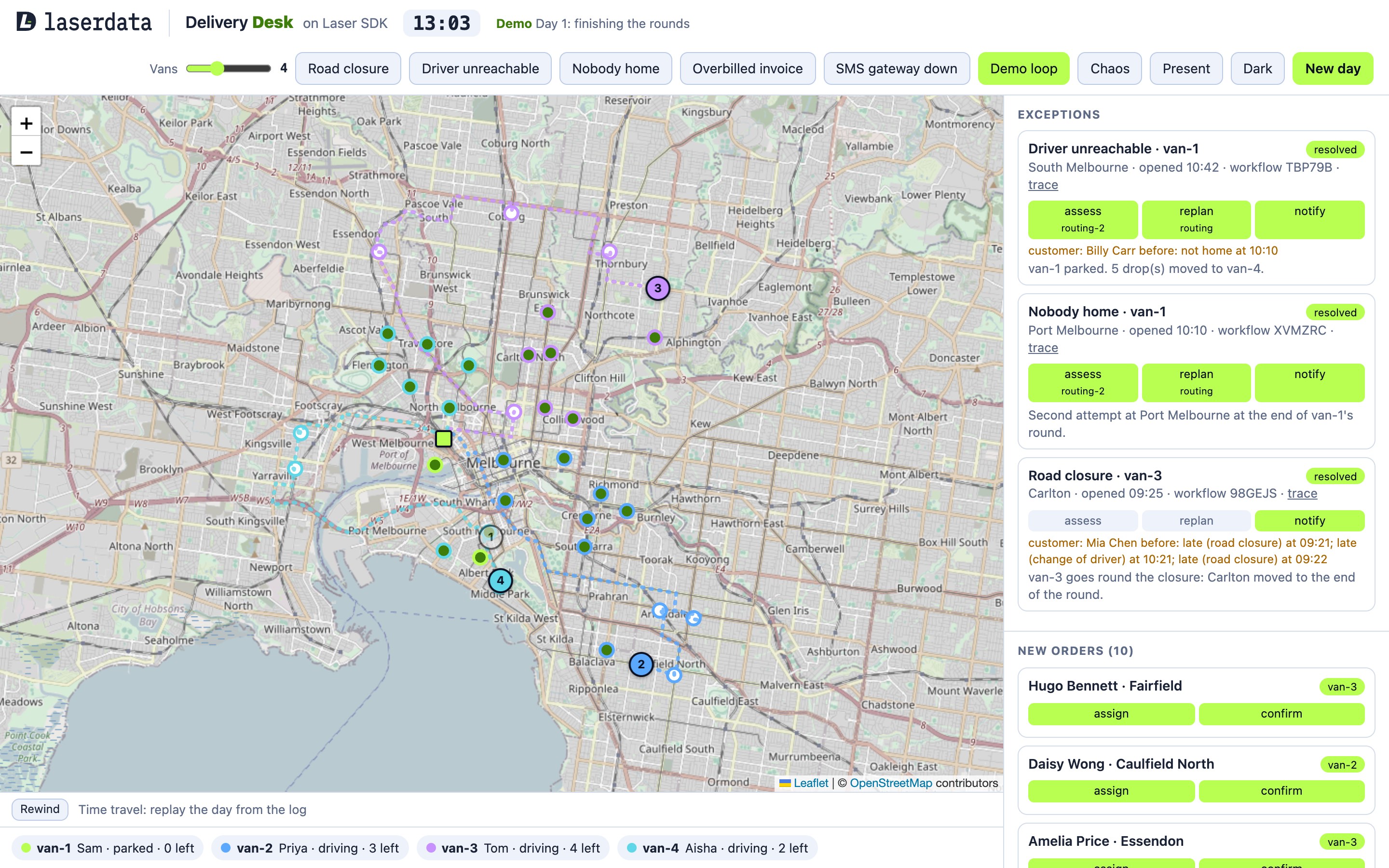 The delivery desk during the day: vans on the map, resolved exceptions and new orders