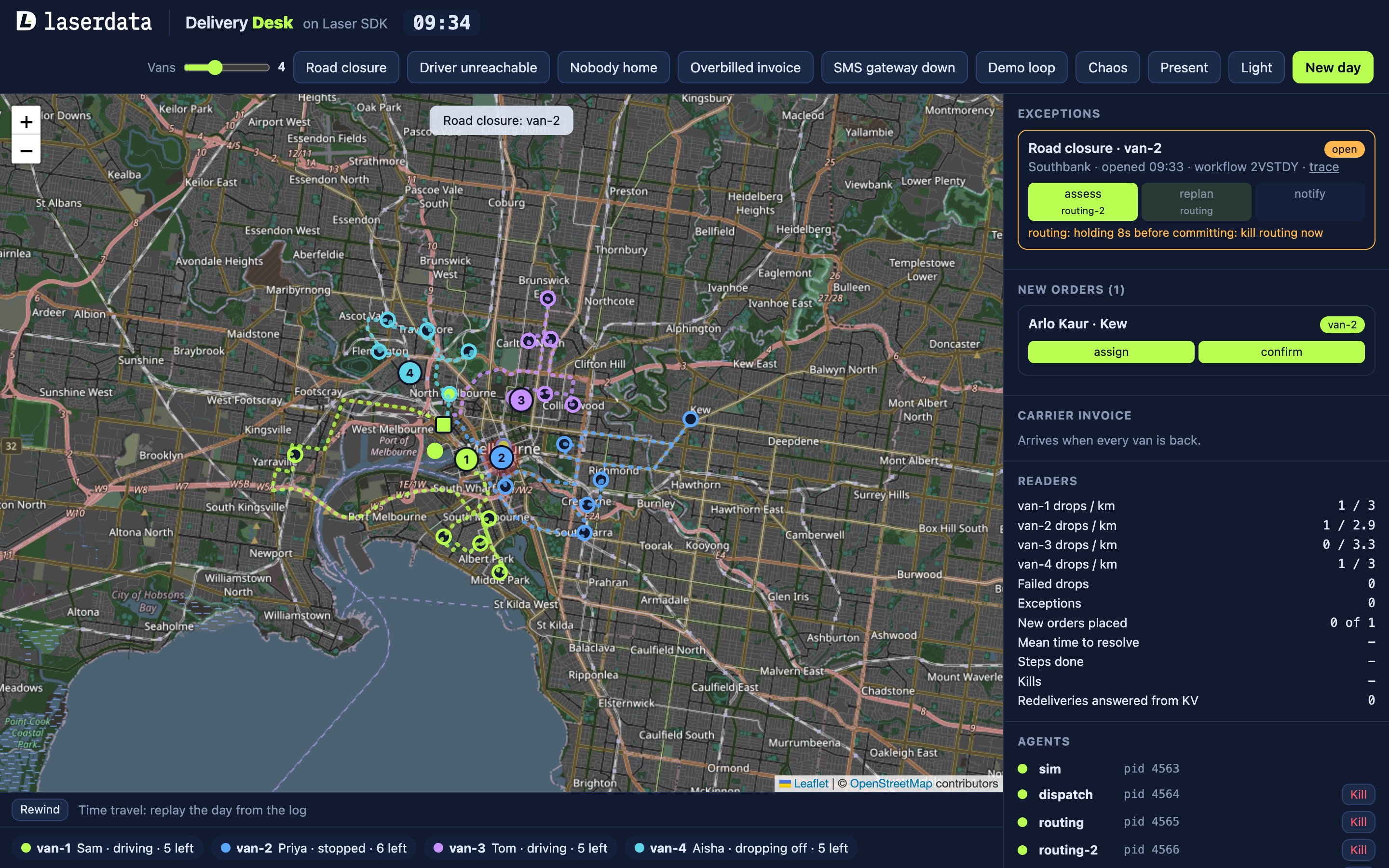 A road closure on van-2, with routing holding before it applies the new round