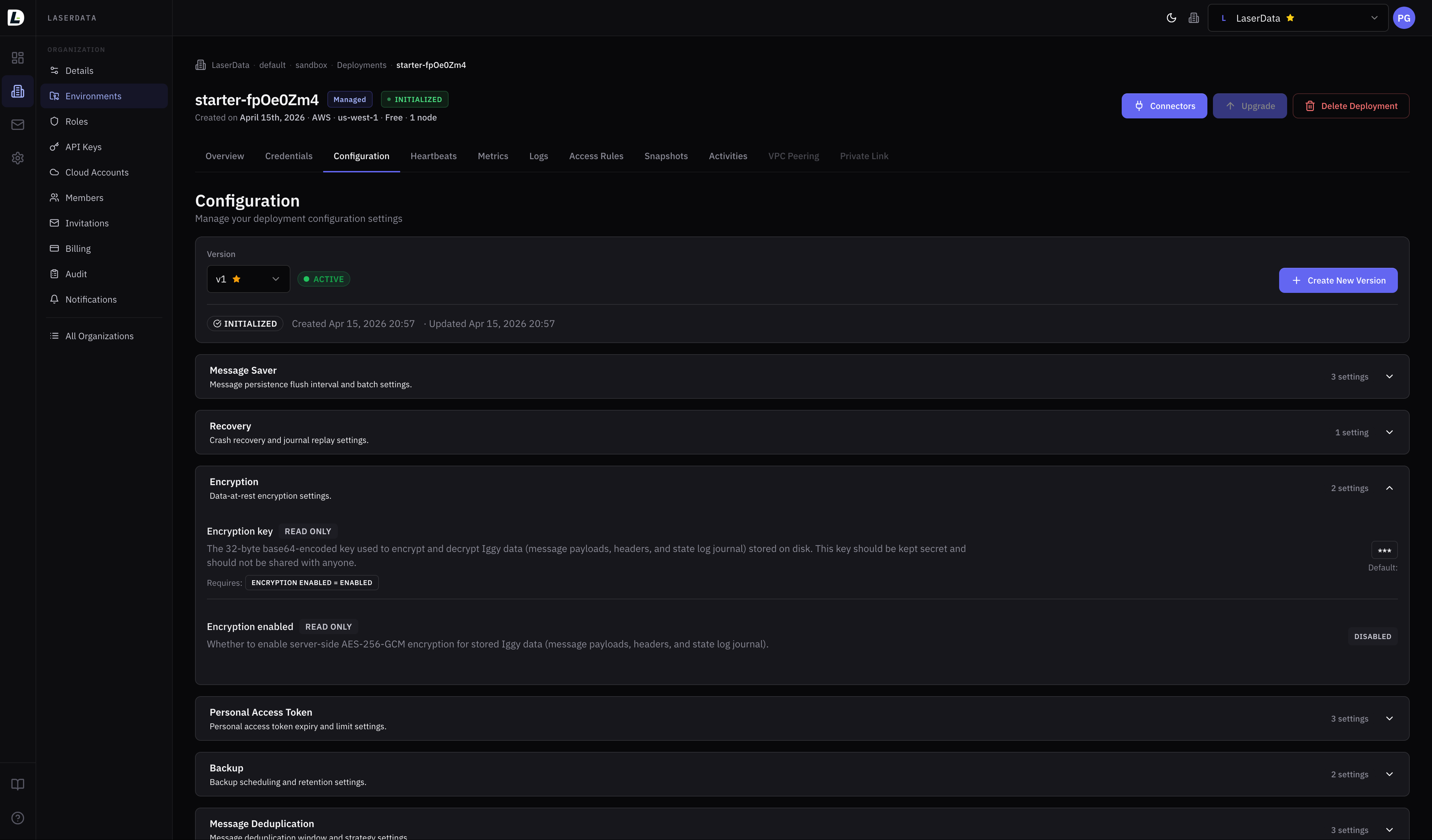 LaserData Console — fully managed web UI for organizations, environments, deployments, observability, and infrastructure management