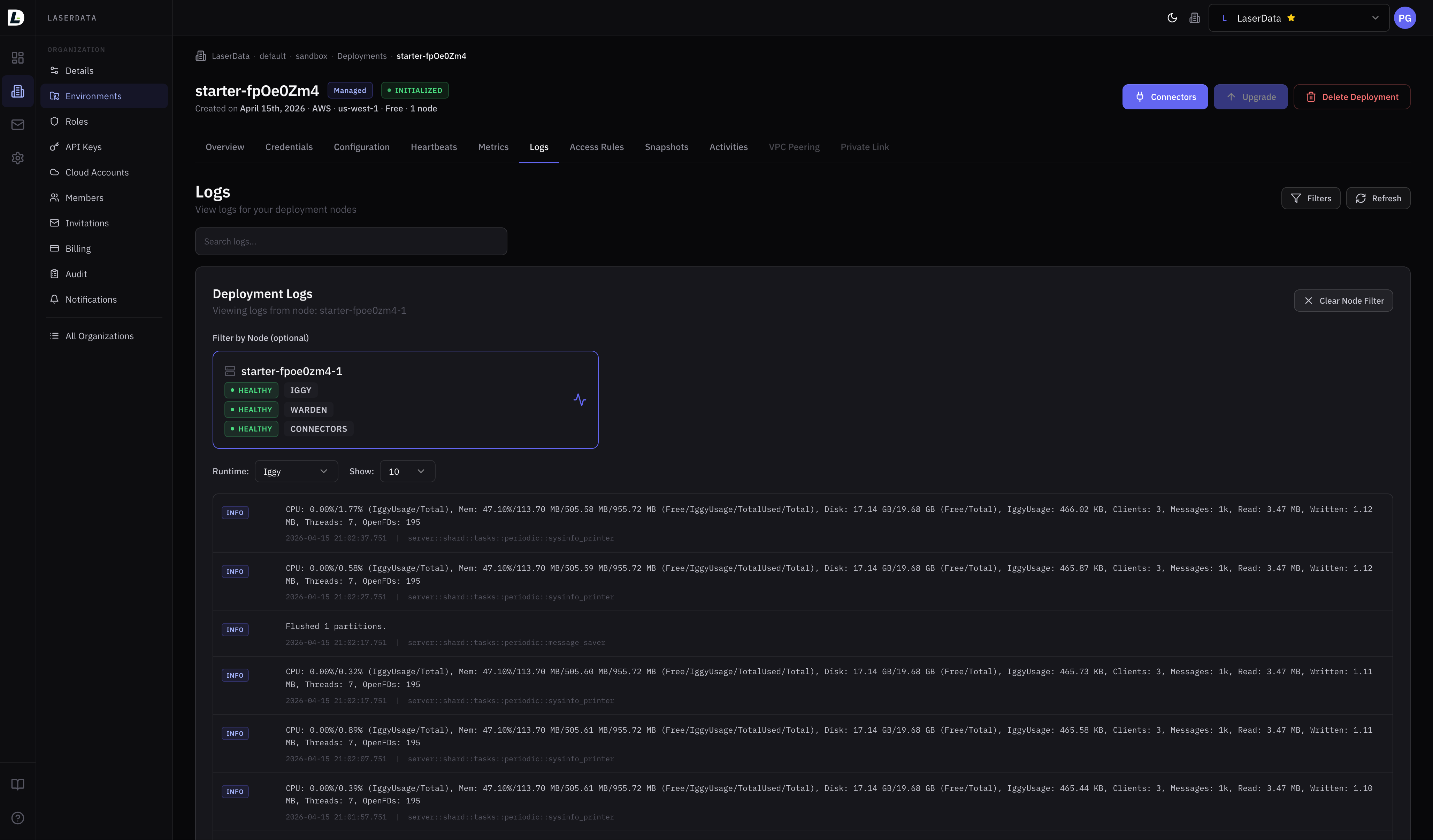 LaserData Console — fully managed web UI for organizations, environments, deployments, observability, and infrastructure management