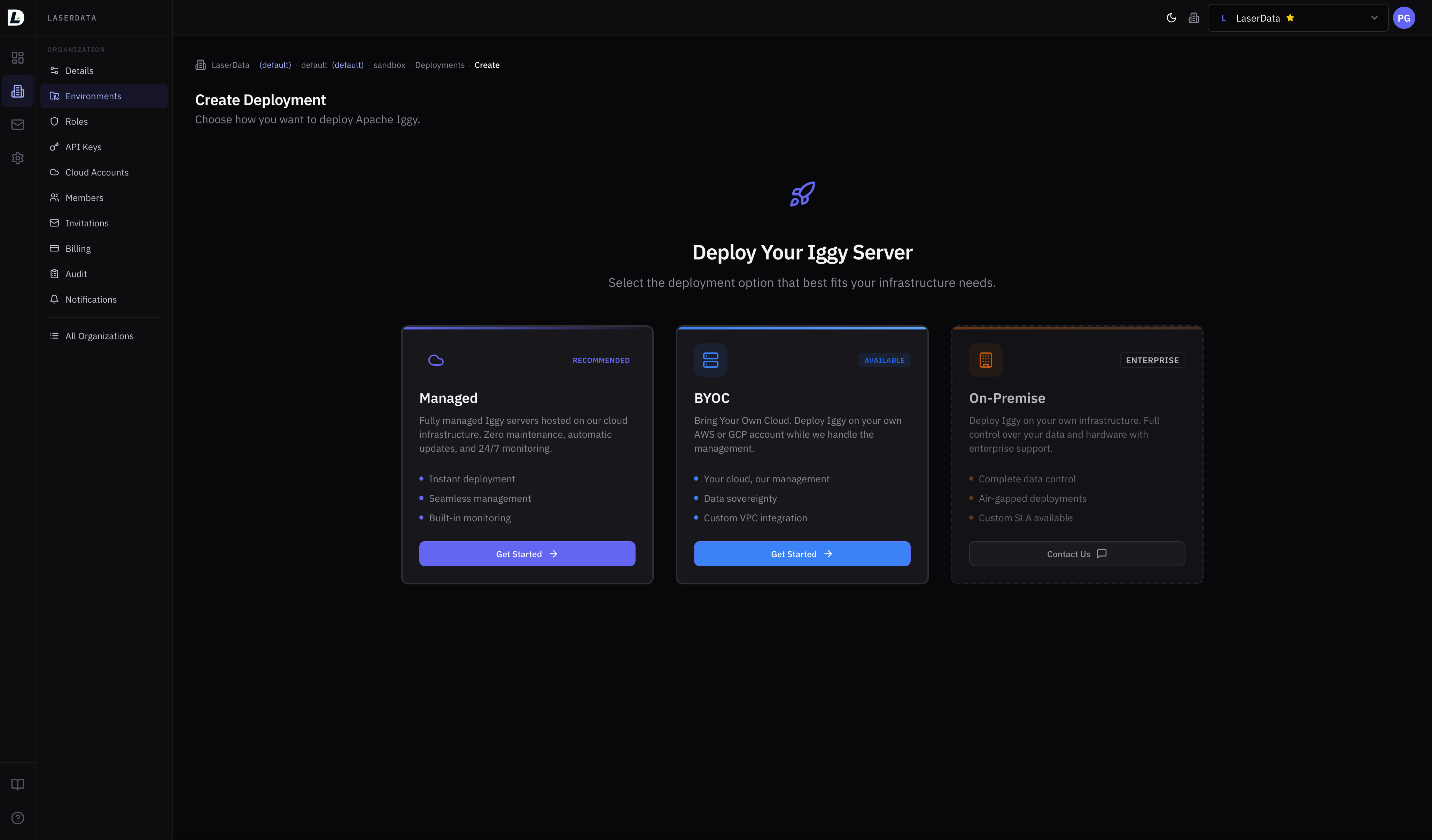 LaserData Console — fully managed web UI for organizations, environments, deployments, observability, and infrastructure management