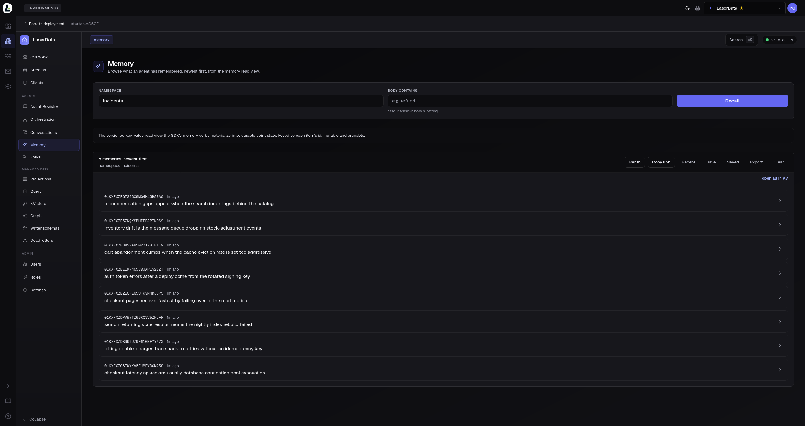 LaserData console memory browser showing recalled facts filtered by namespace