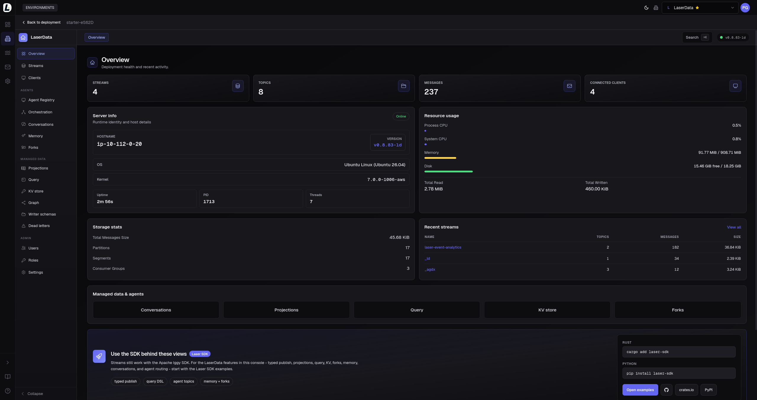 LaserData console overview showing stream counts, server info, and managed data primitives