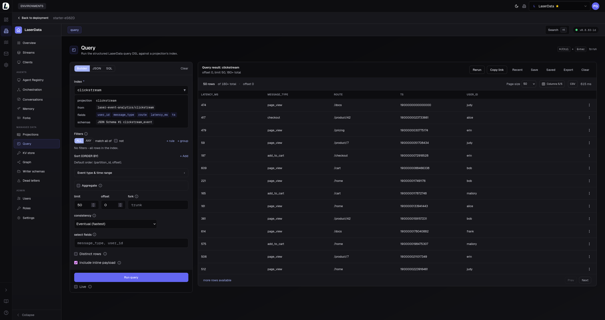 LaserData console query builder running a structured query against a clickstream projection