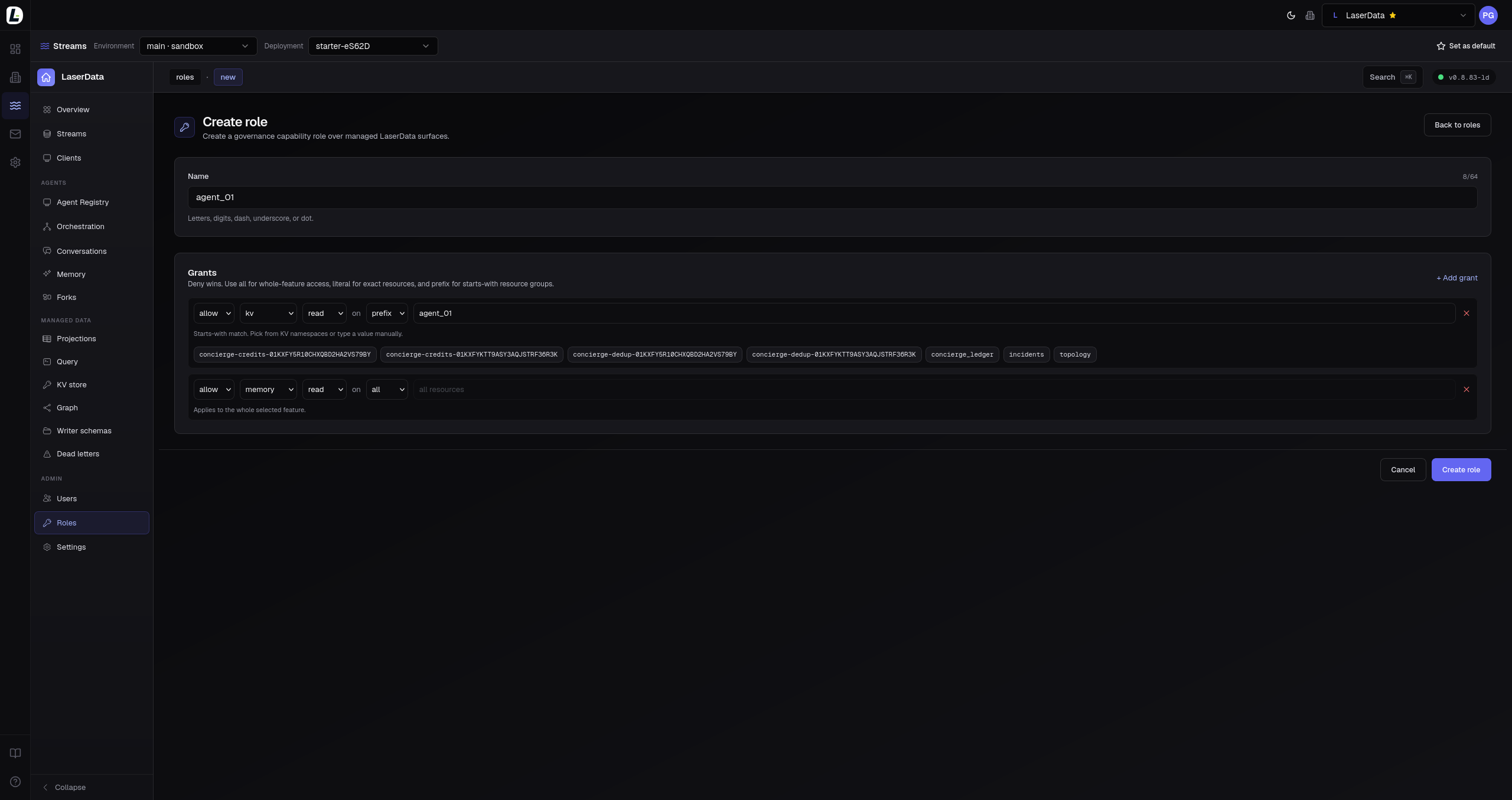 LaserData console role editor showing capability grants for KV and memory access